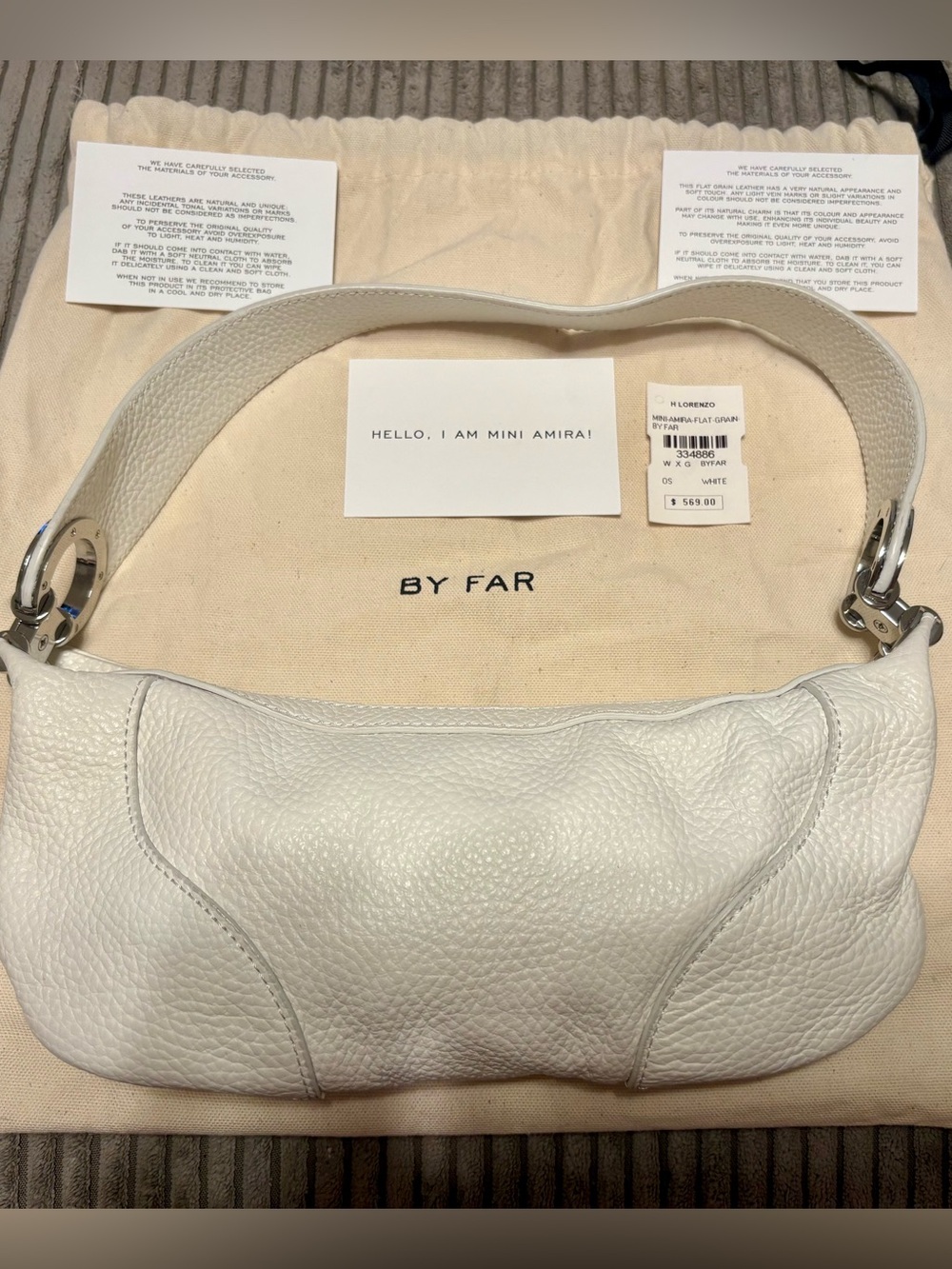 BY FAR Mini Amira White Pebbled Leather Shoulder Bag